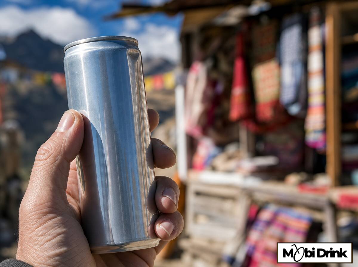 Dłoń trzyma małą metalową puszkę mocnego alkoholu z trzciny cukrowej