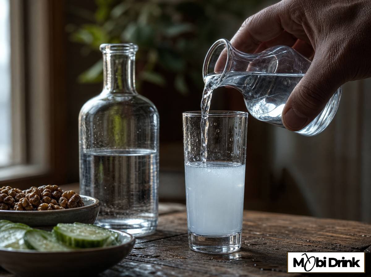 Butelka rakı i szklanka z mętnym, rozcieńczonym wodą trunkiem na drewnianym stole