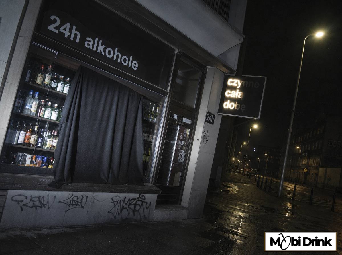 Nocny sklep monopolowy z zasłoniętą częścią alkoholi zgodnie z gminnym zakazem nocnej sprzedaży