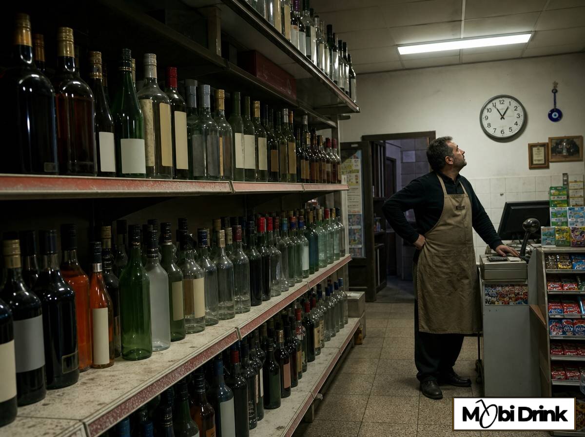 Regał z butelkami alkoholu w tureckim sklepie spożywczym przed zamknięciem