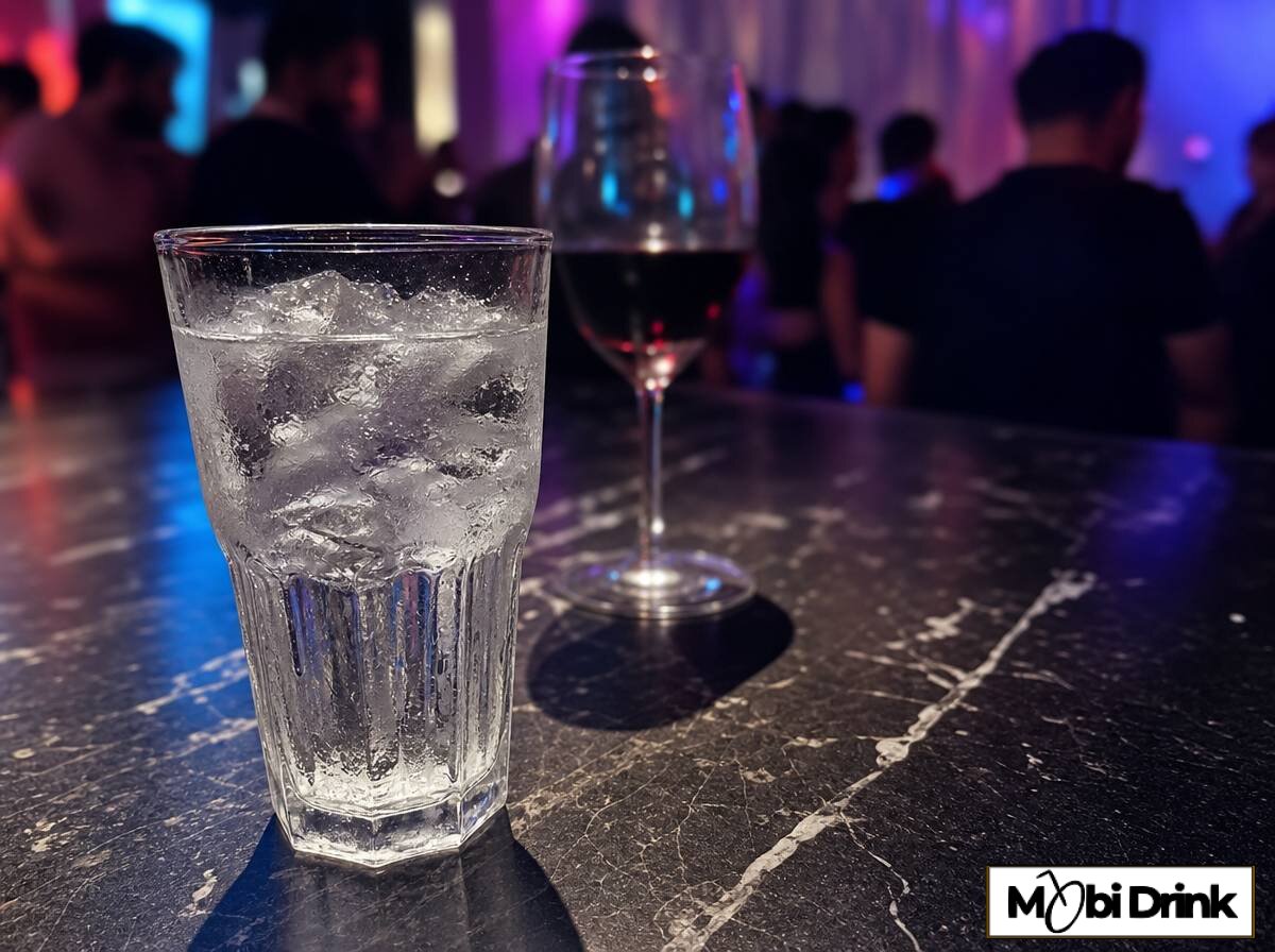 Szklanka wody obok kieliszka wina jako sposób na nawodnienie podczas picia