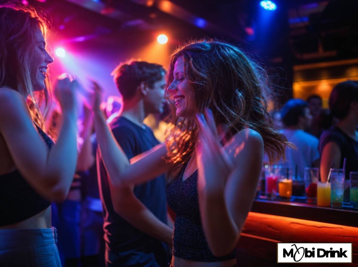 Trzeźwa impreza klubowa bez alkoholu, uczestnicy tańczą przy barze z napojami bezalkoholowymi