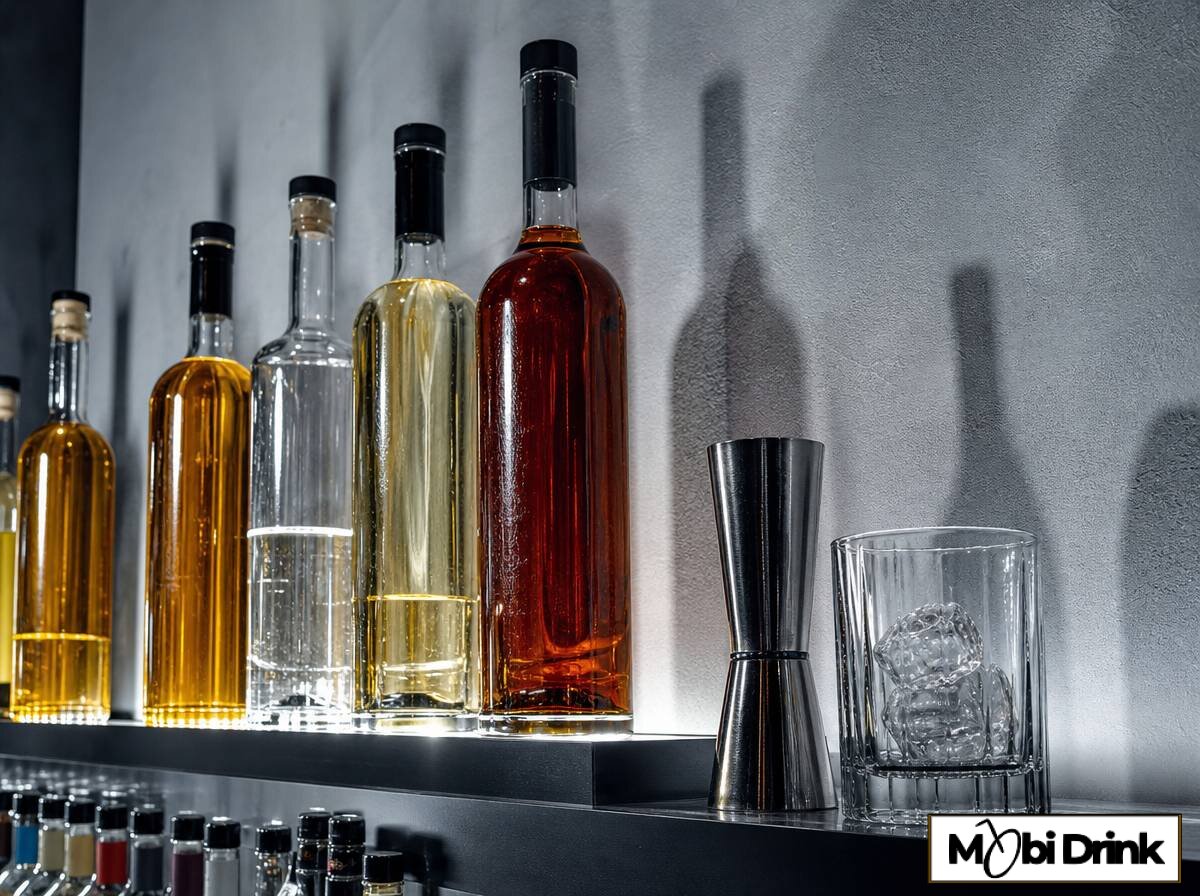 Butelki whisky i wódki na półce baru w marokańskim hotelu
