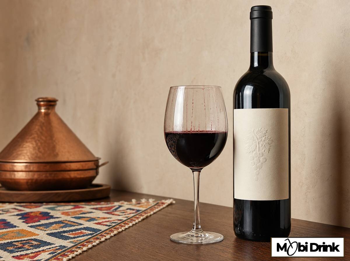 Czerwone wino marokańskie w kieliszku na stole restauracji w Maroku