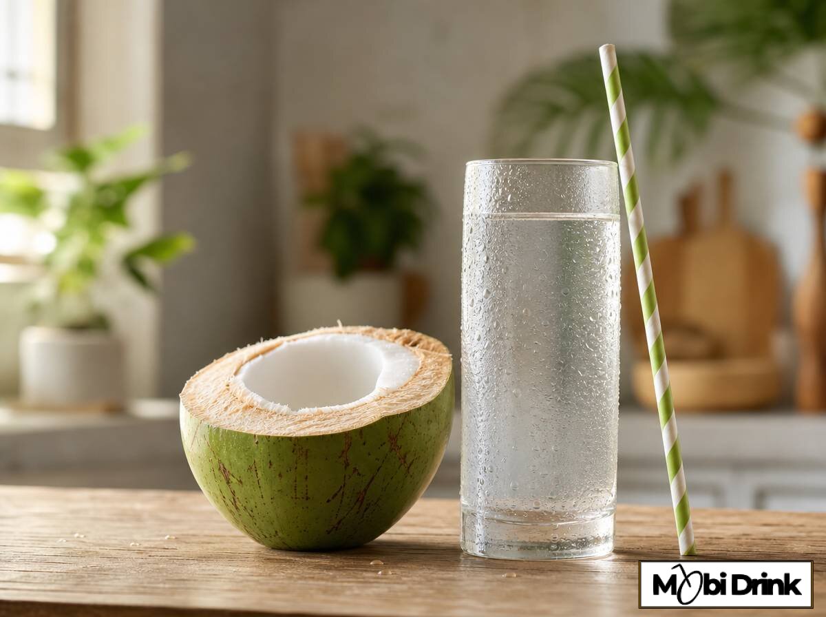 Szklanka wody kokosowej obok przekrojonego kokosa jako naturalny napój na kaca bogaty w potas